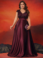 Women’s Teal Green Elegant Sequin V-Neck Cap Sleeve Satin A-Line Maxi Dress with Pleated Waist Detail