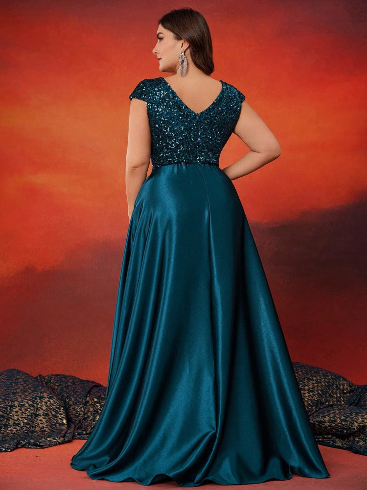 Women’s Teal Green Elegant Sequin V-Neck Cap Sleeve Satin A-Line Maxi Dress with Pleated Waist Detail
