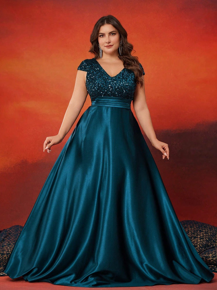 Women’s Teal Green Elegant Sequin V-Neck Cap Sleeve Satin A-Line Maxi Dress with Pleated Waist Detail
