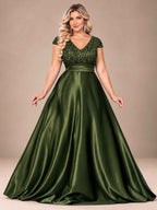 Women’s Teal Green Elegant Sequin V-Neck Cap Sleeve Satin A-Line Maxi Dress with Pleated Waist Detail