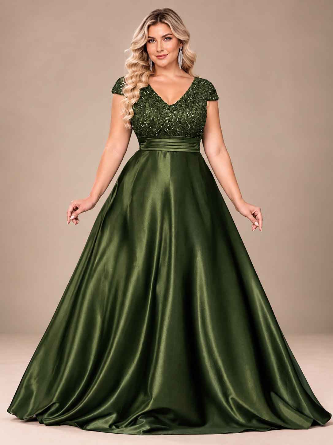 Women’s Teal Green Elegant Sequin V-Neck Cap Sleeve Satin A-Line Maxi Dress with Pleated Waist Detail