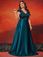 Women’s Teal Green Elegant Sequin V-Neck Cap Sleeve Satin A-Line Maxi Dress with Pleated Waist Detail