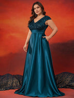 Women’s Teal Green Elegant Sequin V-Neck Cap Sleeve Satin A-Line Maxi Dress with Pleated Waist Detail