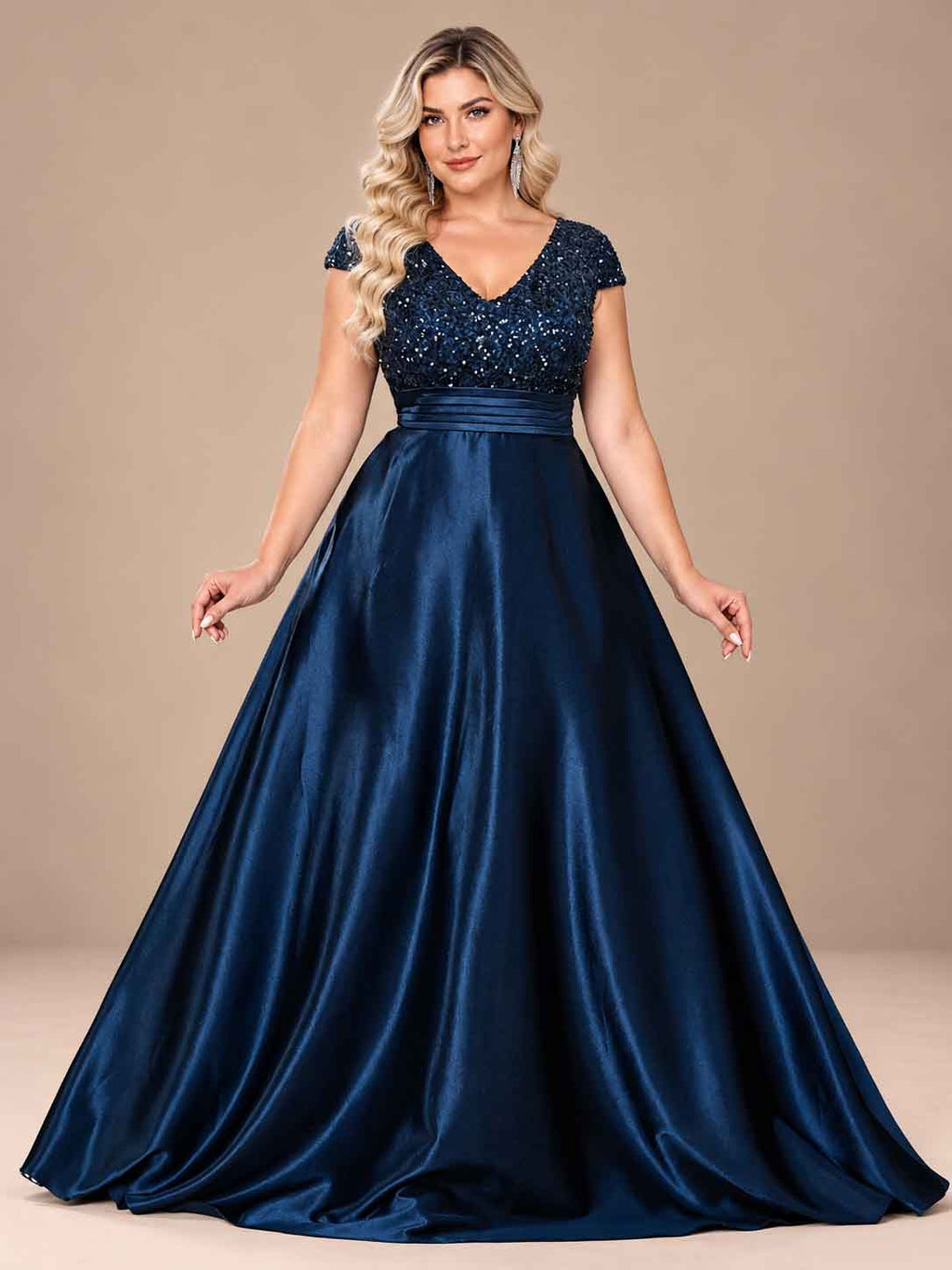 Women’s Teal Green Elegant Sequin V-Neck Cap Sleeve Satin A-Line Maxi Dress with Pleated Waist Detail