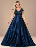 Women’s Teal Green Elegant Sequin V-Neck Cap Sleeve Satin A-Line Maxi Dress with Pleated Waist Detail