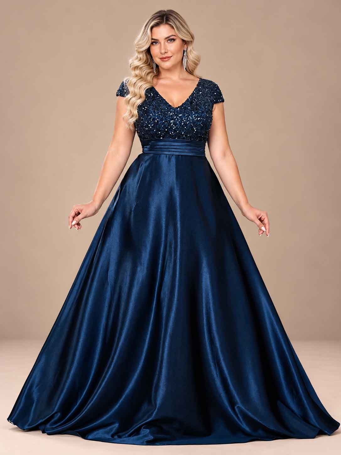 Women’s Teal Green Elegant Sequin V-Neck Cap Sleeve Satin A-Line Maxi Dress with Pleated Waist Detail