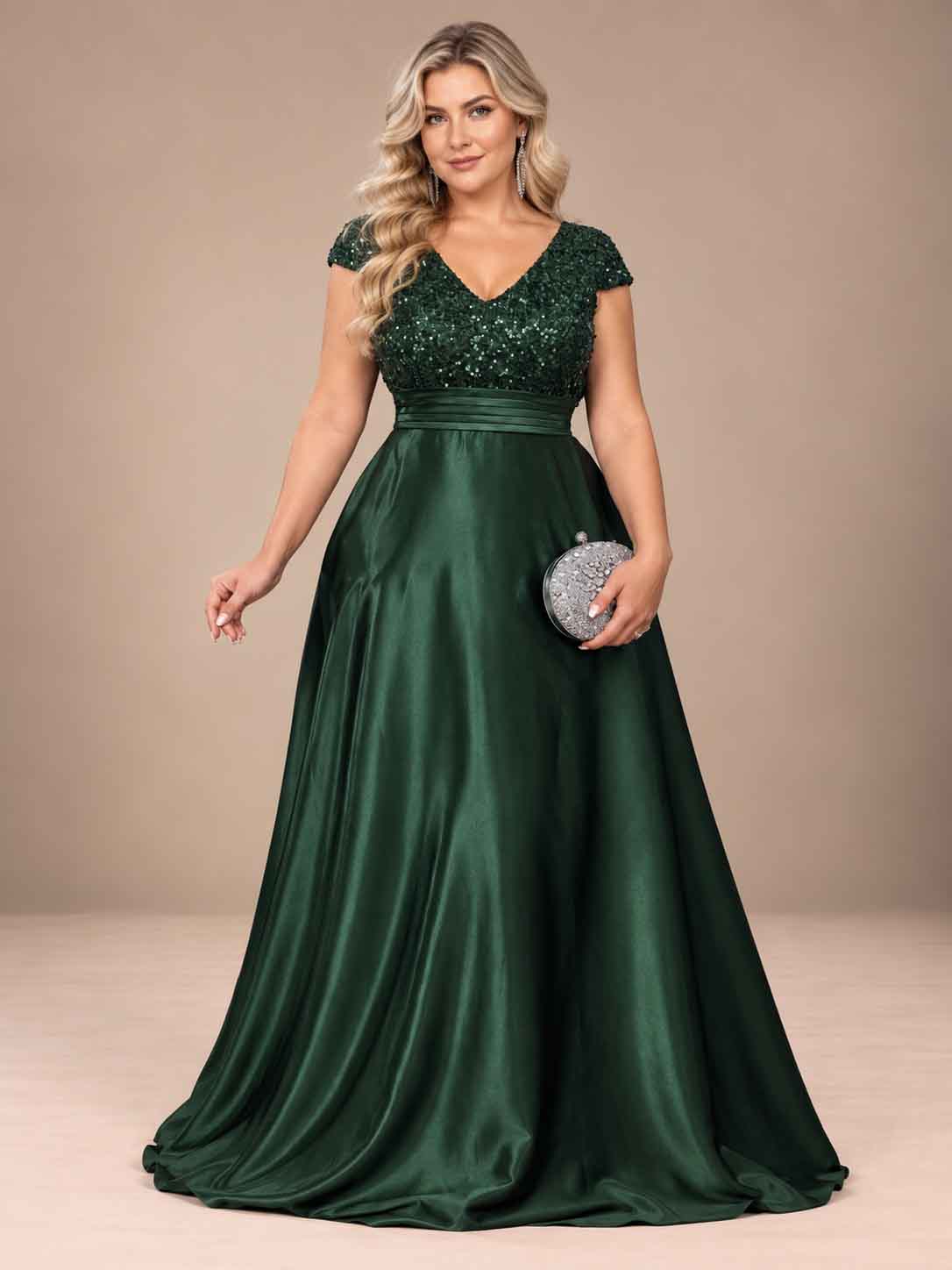 Women’s Teal Green Elegant Sequin V-Neck Cap Sleeve Satin A-Line Maxi Dress with Pleated Waist Detail