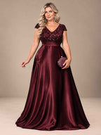 Women’s Teal Green Elegant Sequin V-Neck Cap Sleeve Satin A-Line Maxi Dress with Pleated Waist Detail