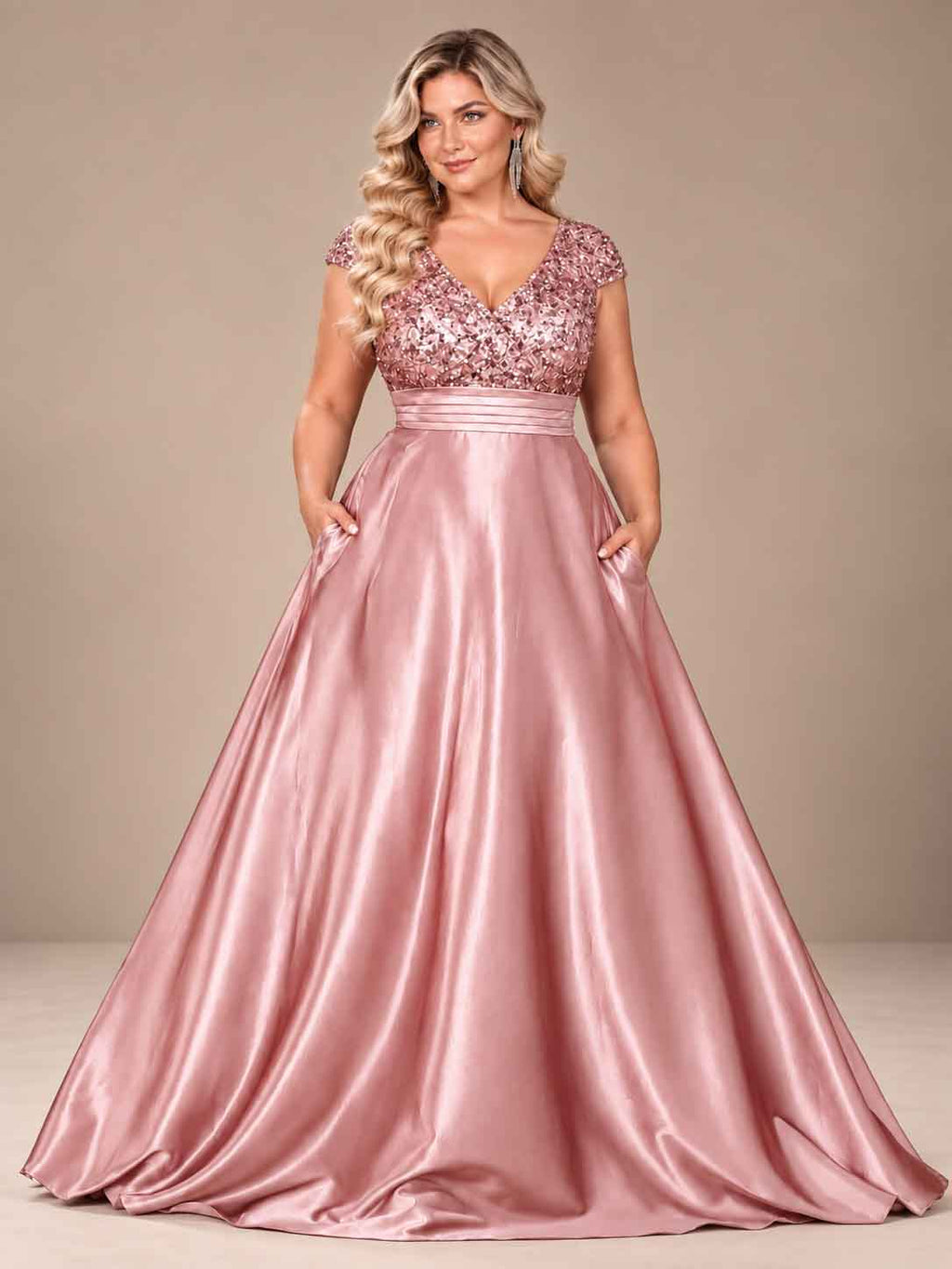 Women’s Teal Green Elegant Sequin V-Neck Cap Sleeve Satin A-Line Maxi Dress with Pleated Waist Detail
