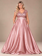 Women’s Teal Green Elegant Sequin V-Neck Cap Sleeve Satin A-Line Maxi Dress with Pleated Waist Detail
