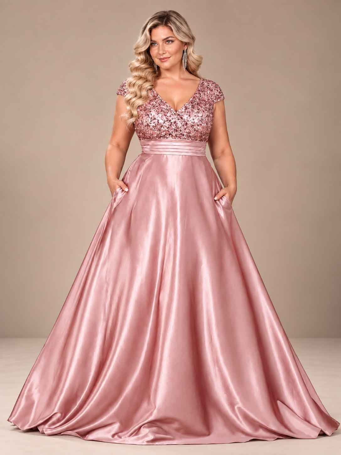 Women’s Teal Green Elegant Sequin V-Neck Cap Sleeve Satin A-Line Maxi Dress with Pleated Waist Detail