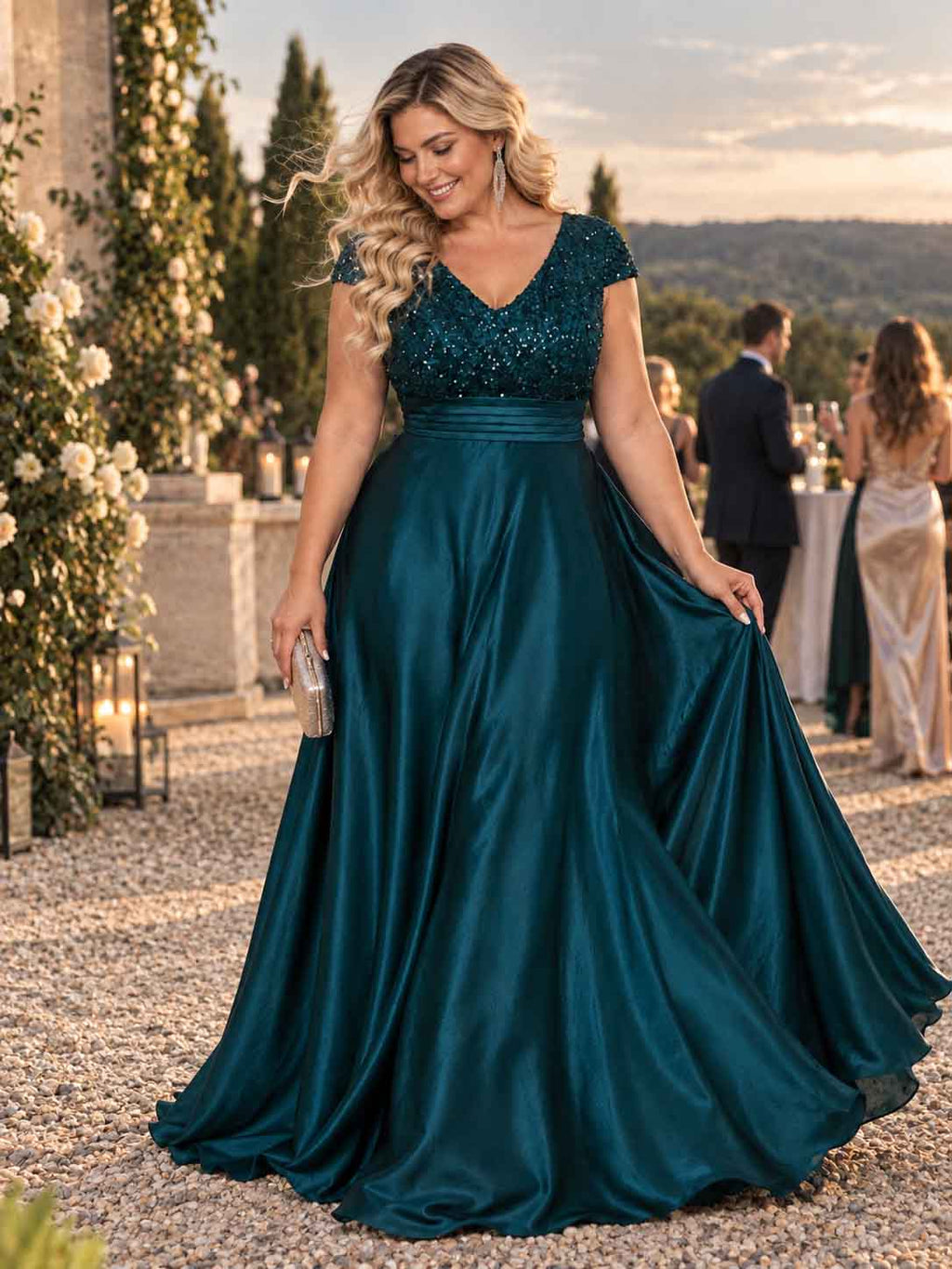 Women’s Teal Green Elegant Sequin V-Neck Cap Sleeve Satin A-Line Maxi Dress with Pleated Waist Detail