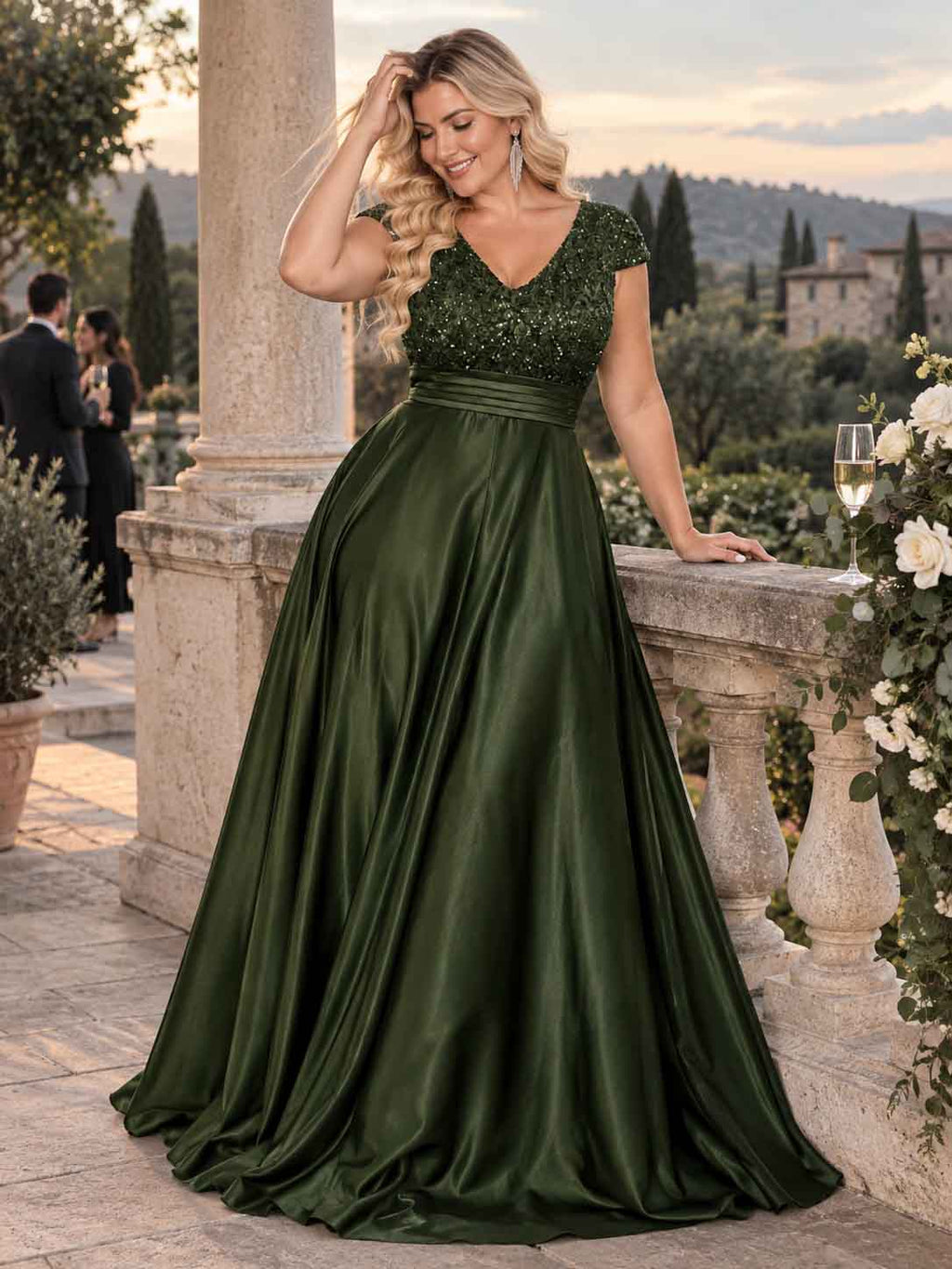 Women’s Teal Green Elegant Sequin V-Neck Cap Sleeve Satin A-Line Maxi Dress with Pleated Waist Detail