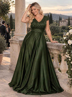 Women’s Teal Green Elegant Sequin V-Neck Cap Sleeve Satin A-Line Maxi Dress with Pleated Waist Detail
