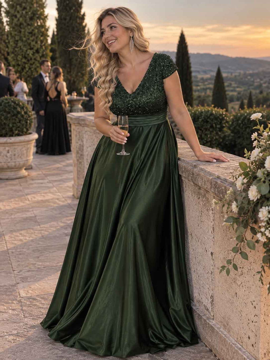 Women’s Teal Green Elegant Sequin V-Neck Cap Sleeve Satin A-Line Maxi Dress with Pleated Waist Detail