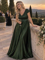 Women’s Teal Green Elegant Sequin V-Neck Cap Sleeve Satin A-Line Maxi Dress with Pleated Waist Detail