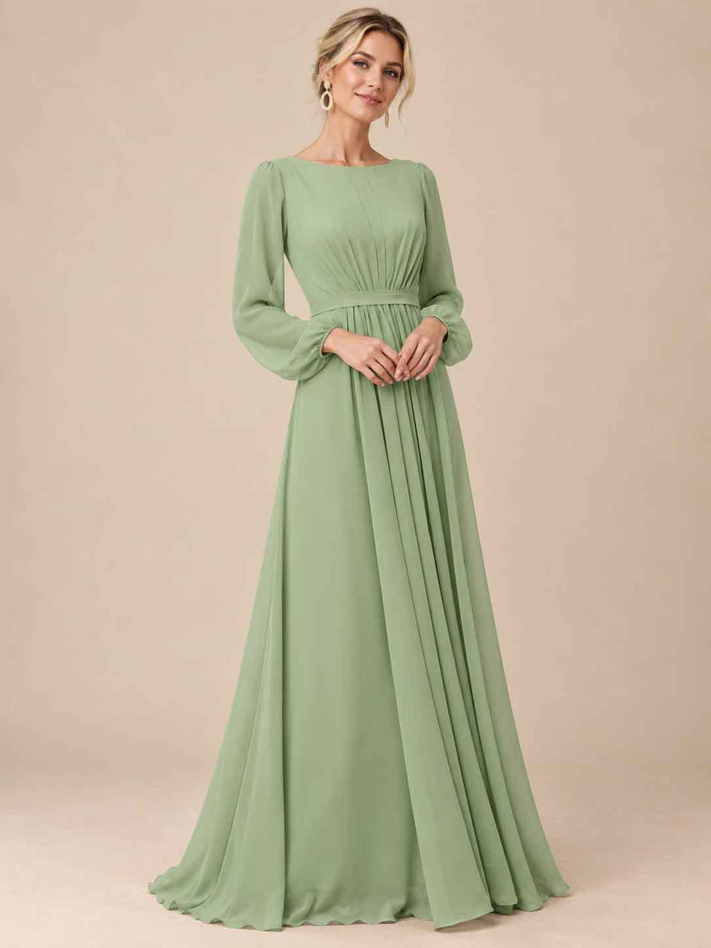 Women’s Sage Green Elegant Chiffon Round Neck Long Sleeve A-Line Maxi Dress with Ruched Waist Detail