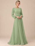 Women’s Sage Green Elegant Chiffon Round Neck Long Sleeve A-Line Maxi Dress with Ruched Waist Detail