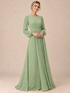 Women’s Sage Green Elegant Chiffon Round Neck Long Sleeve A-Line Maxi Dress with Ruched Waist Detail