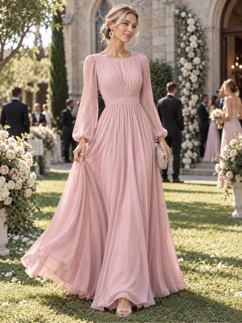 Women’s Sage Green Elegant Chiffon Round Neck Long Sleeve A-Line Maxi Dress with Ruched Waist Detail