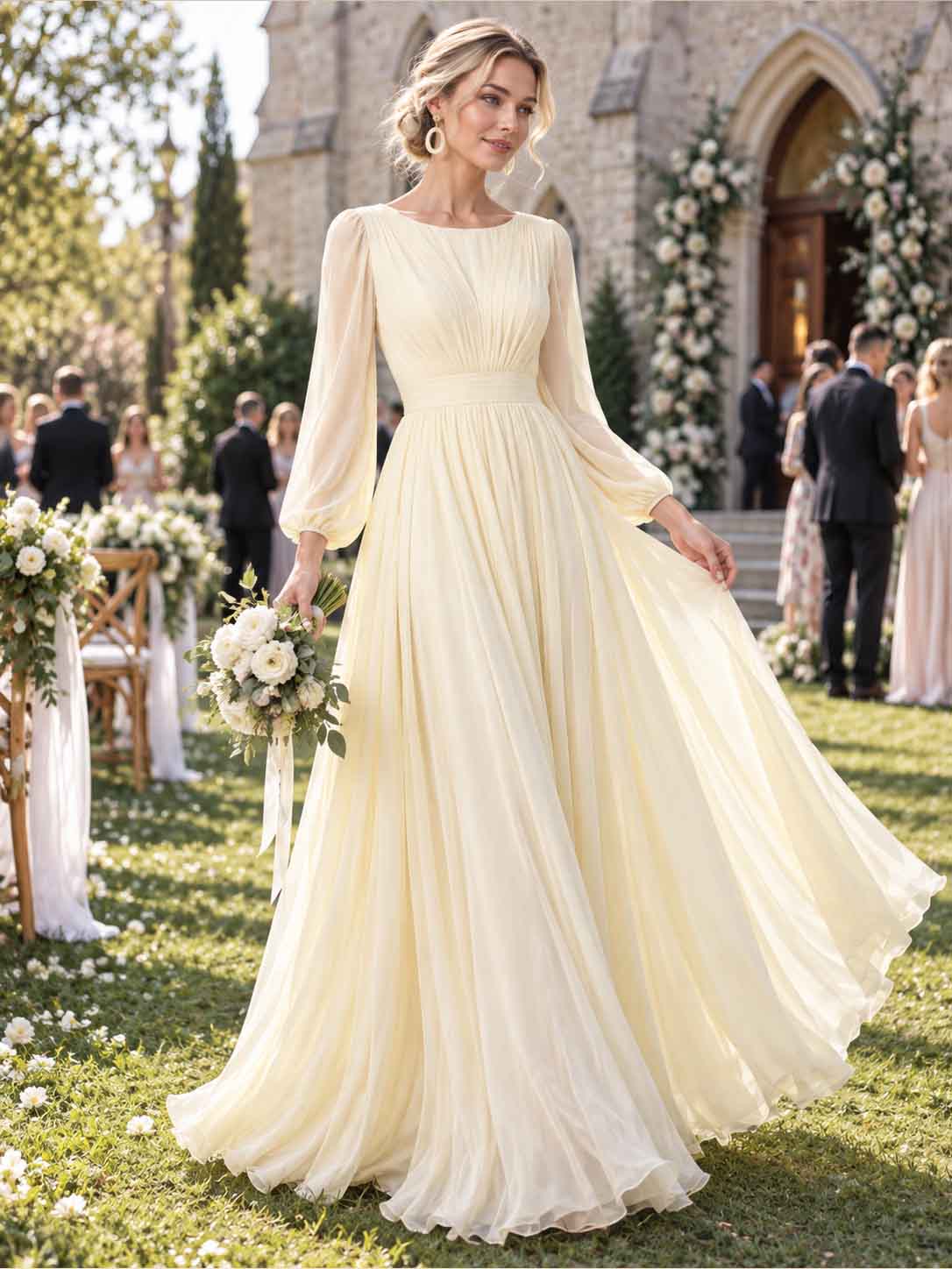 Women’s Sage Green Elegant Chiffon Round Neck Long Sleeve A-Line Maxi Dress with Ruched Waist Detail