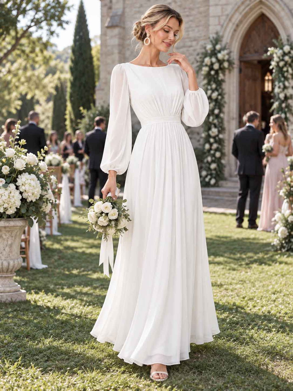 Women’s Sage Green Elegant Chiffon Round Neck Long Sleeve A-Line Maxi Dress with Ruched Waist Detail
