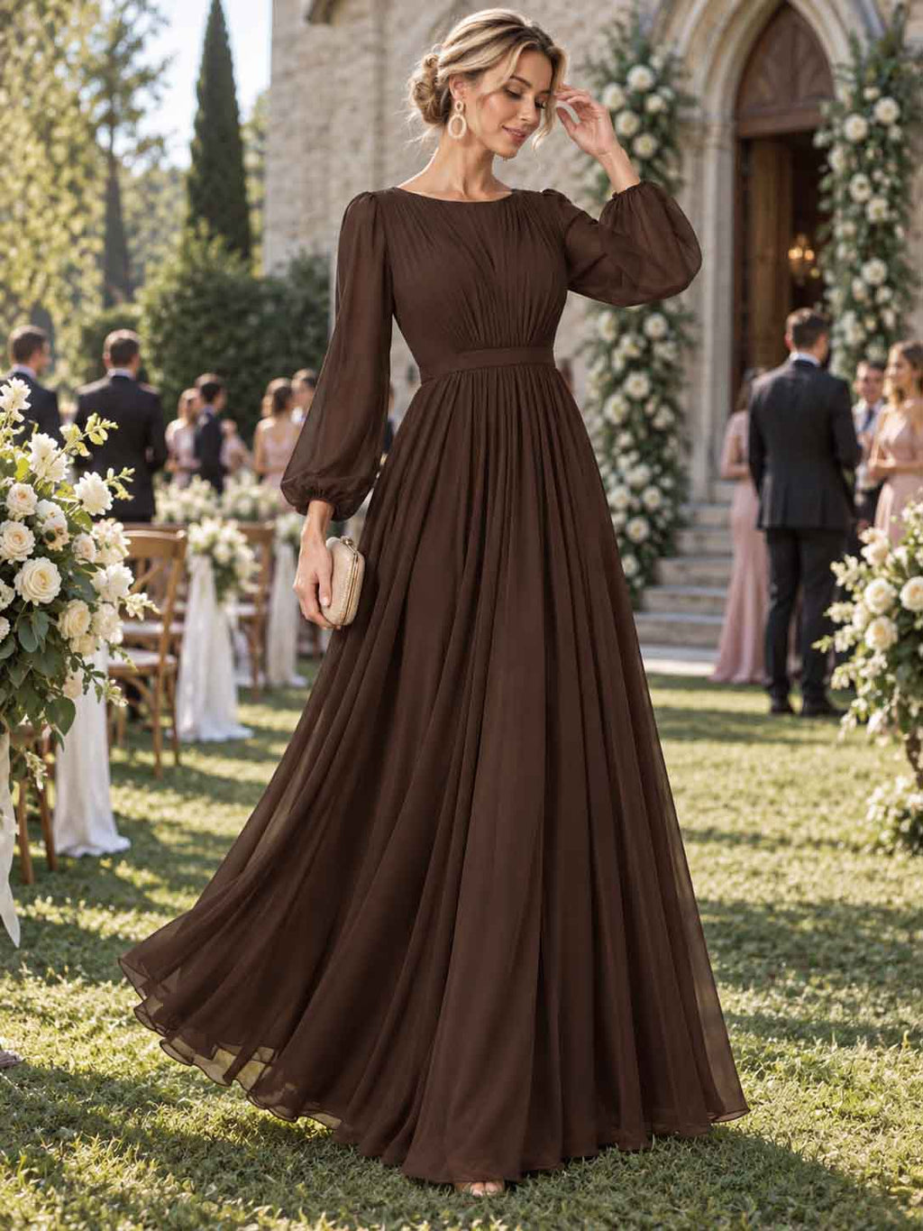 Women’s Sage Green Elegant Chiffon Round Neck Long Sleeve A-Line Maxi Dress with Ruched Waist Detail