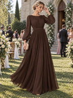 Women’s Sage Green Elegant Chiffon Round Neck Long Sleeve A-Line Maxi Dress with Ruched Waist Detail