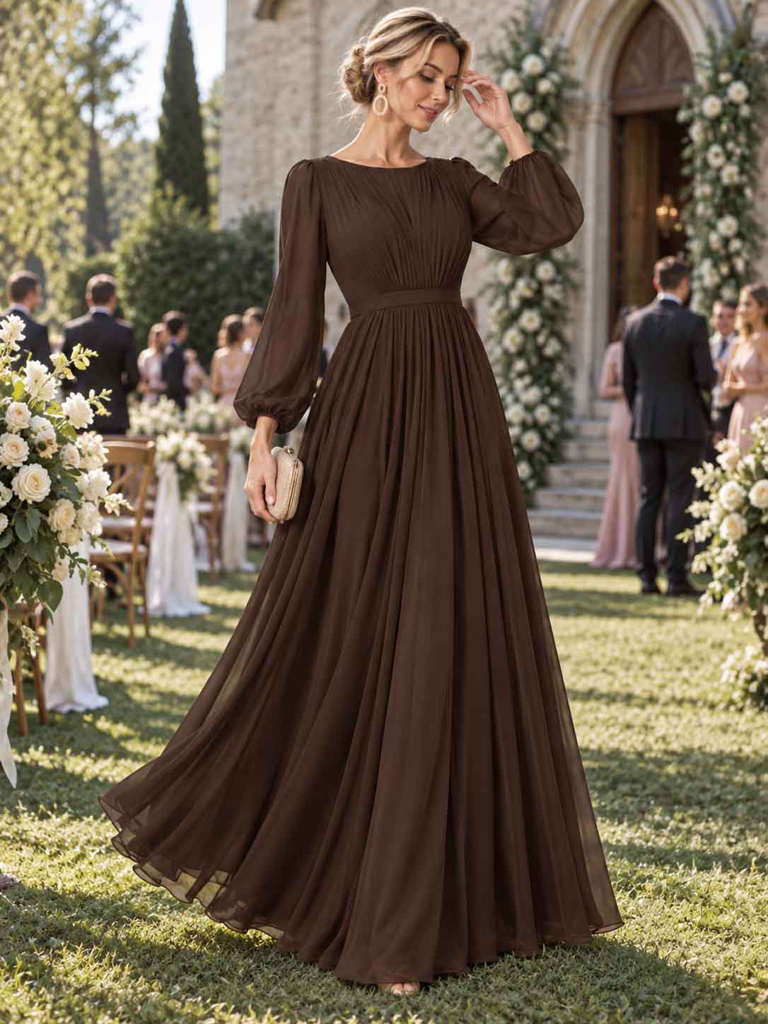 Women’s Sage Green Elegant Chiffon Round Neck Long Sleeve A-Line Maxi Dress with Ruched Waist Detail