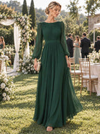 Women’s Sage Green Elegant Chiffon Round Neck Long Sleeve A-Line Maxi Dress with Ruched Waist Detail
