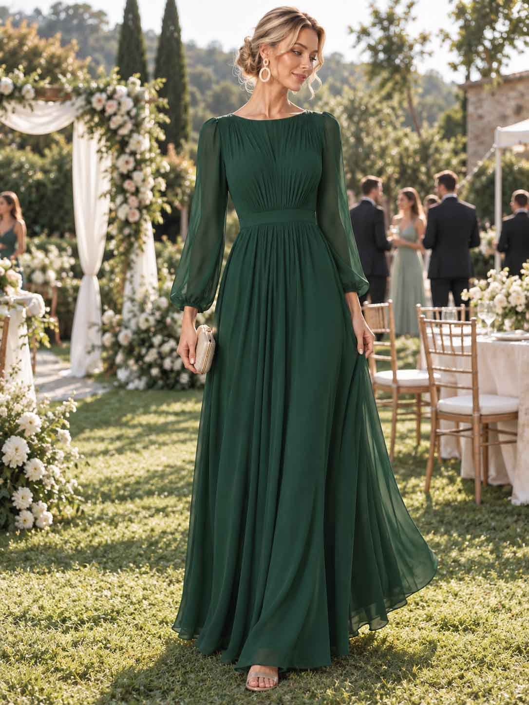 Women’s Sage Green Elegant Chiffon Round Neck Long Sleeve A-Line Maxi Dress with Ruched Waist Detail