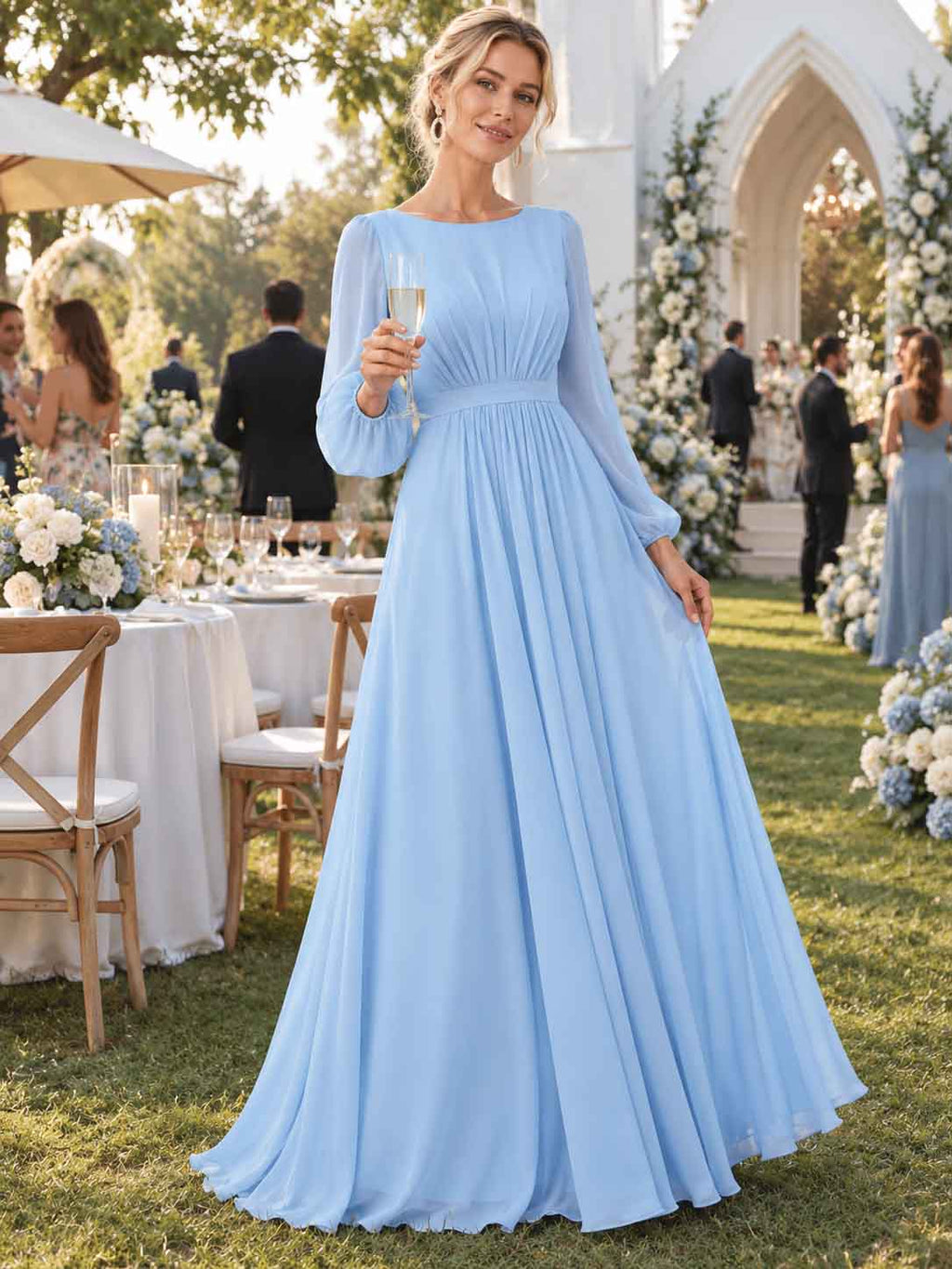 Women’s Sage Green Elegant Chiffon Round Neck Long Sleeve A-Line Maxi Dress with Ruched Waist Detail