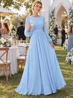 Women’s Sage Green Elegant Chiffon Round Neck Long Sleeve A-Line Maxi Dress with Ruched Waist Detail