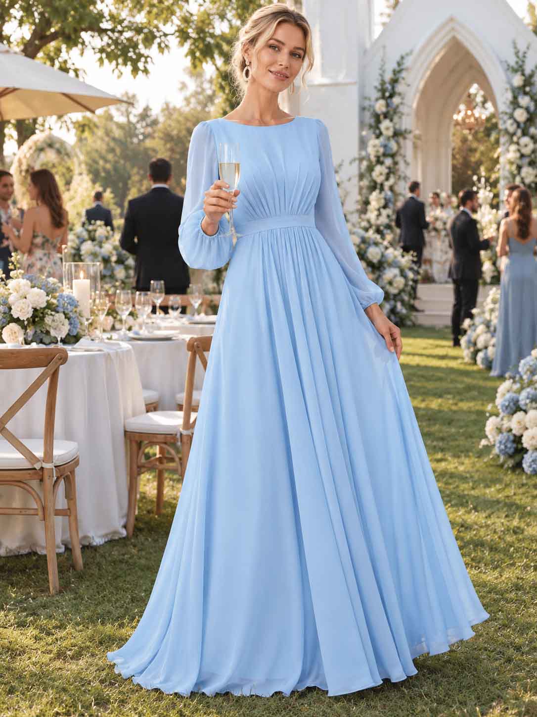 Women’s Sage Green Elegant Chiffon Round Neck Long Sleeve A-Line Maxi Dress with Ruched Waist Detail