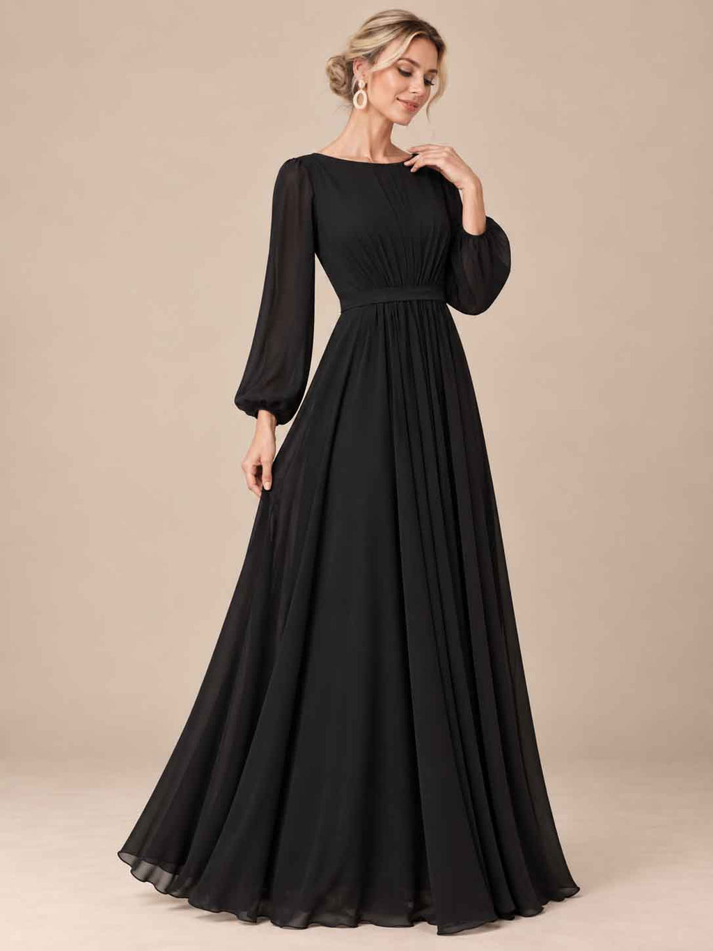 Women’s Sage Green Elegant Chiffon Round Neck Long Sleeve A-Line Maxi Dress with Ruched Waist Detail