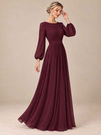 Women’s Sage Green Elegant Chiffon Round Neck Long Sleeve A-Line Maxi Dress with Ruched Waist Detail