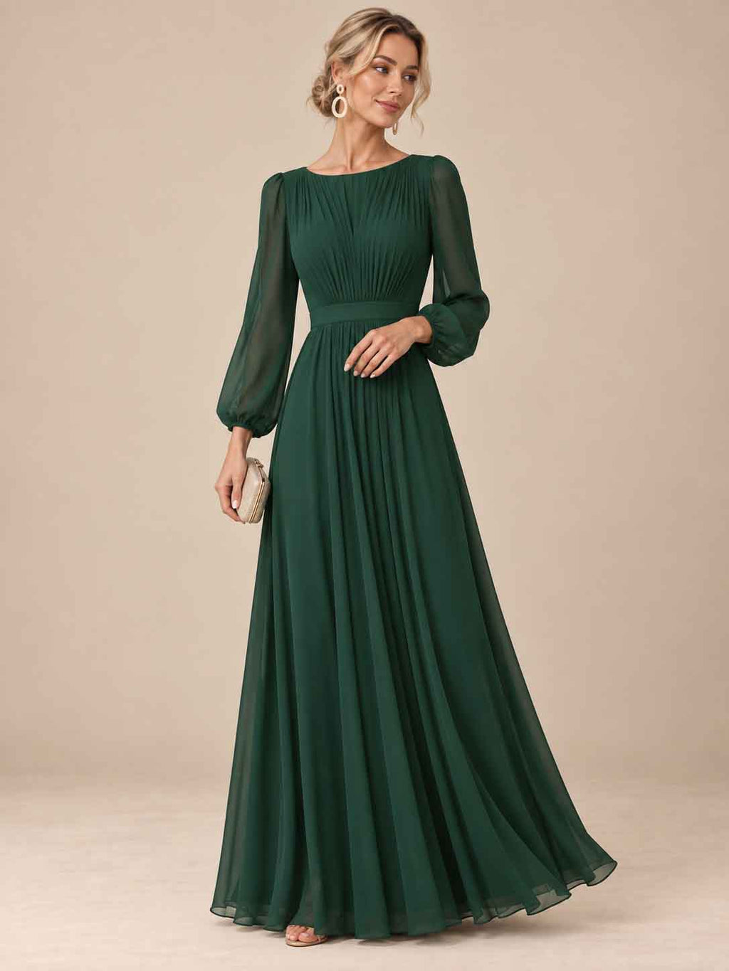 Women’s Sage Green Elegant Chiffon Round Neck Long Sleeve A-Line Maxi Dress with Ruched Waist Detail