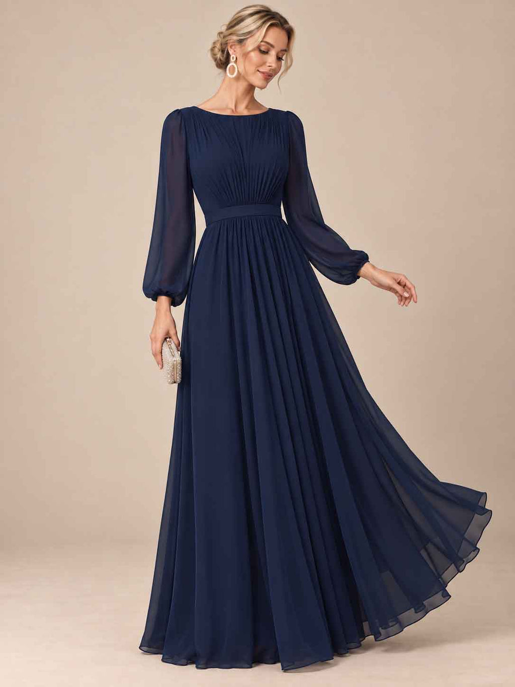 Women’s Sage Green Elegant Chiffon Round Neck Long Sleeve A-Line Maxi Dress with Ruched Waist Detail