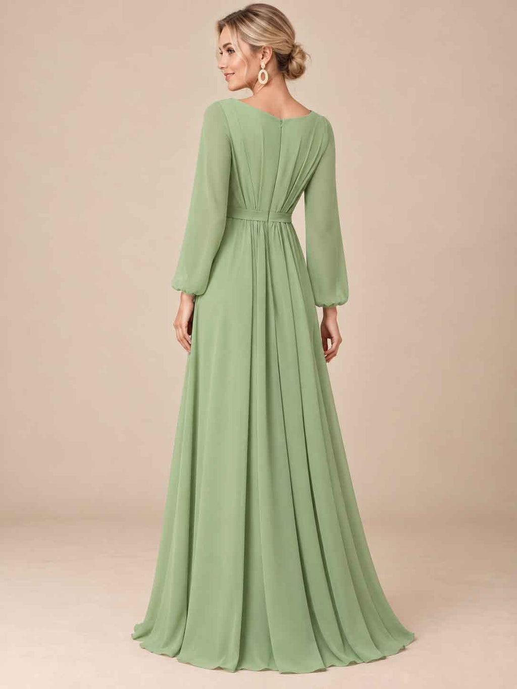 Women’s Sage Green Elegant Chiffon Round Neck Long Sleeve A-Line Maxi Dress with Ruched Waist Detail