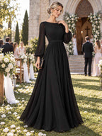 Women’s Sage Green Elegant Chiffon Round Neck Long Sleeve A-Line Maxi Dress with Ruched Waist Detail