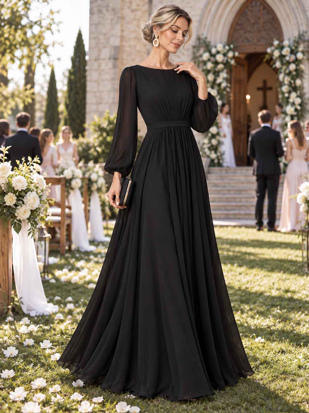 Women’s Sage Green Elegant Chiffon Round Neck Long Sleeve A-Line Maxi Dress with Ruched Waist Detail
