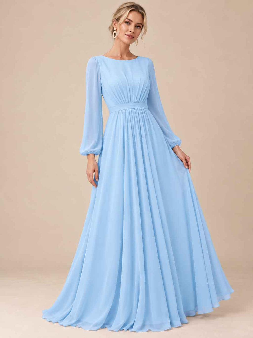 Women’s Sage Green Elegant Chiffon Round Neck Long Sleeve A-Line Maxi Dress with Ruched Waist Detail