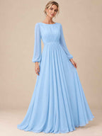 Women’s Sage Green Elegant Chiffon Round Neck Long Sleeve A-Line Maxi Dress with Ruched Waist Detail