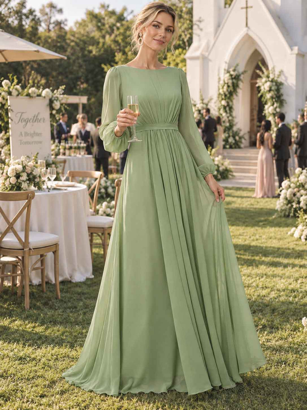 Women’s Sage Green Elegant Chiffon Round Neck Long Sleeve A-Line Maxi Dress with Ruched Waist Detail