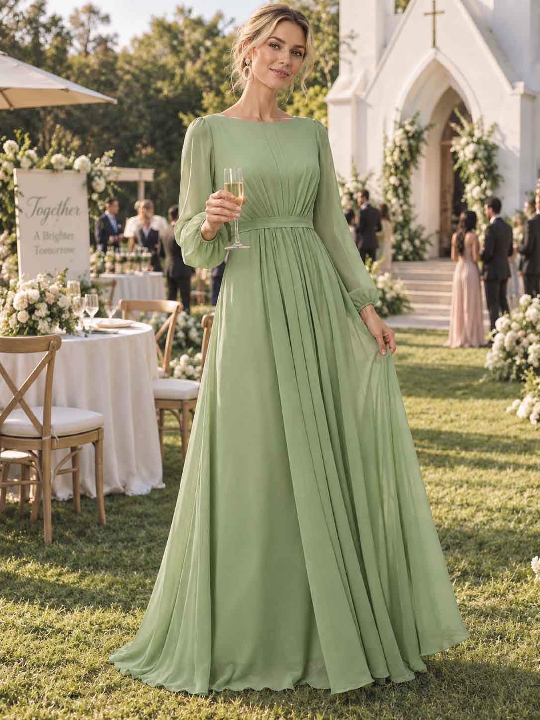 Women’s Sage Green Elegant Chiffon Round Neck Long Sleeve A-Line Maxi Dress with Ruched Waist Detail