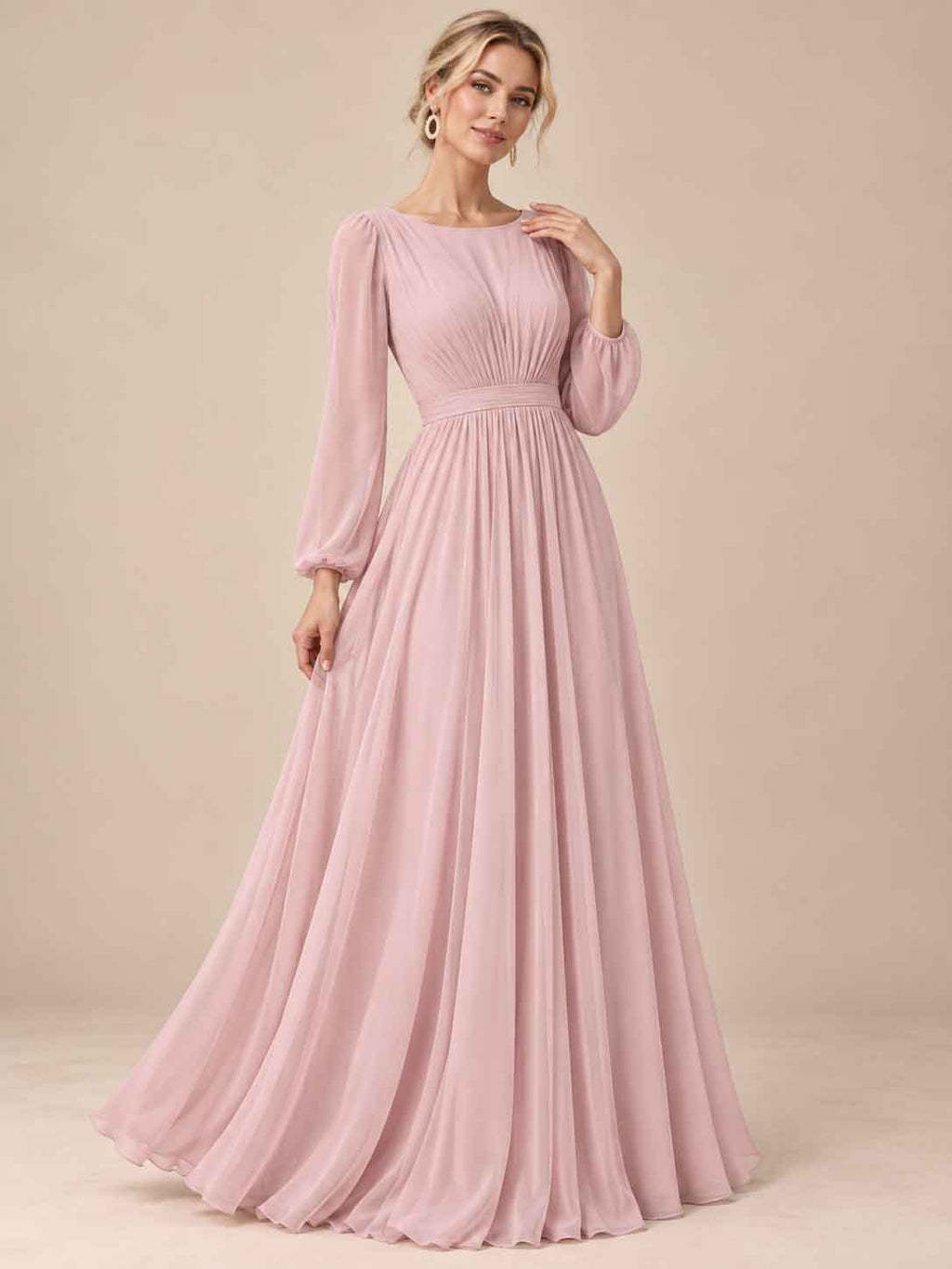 Women’s Sage Green Elegant Chiffon Round Neck Long Sleeve A-Line Maxi Dress with Ruched Waist Detail
