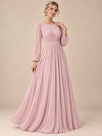 Women’s Sage Green Elegant Chiffon Round Neck Long Sleeve A-Line Maxi Dress with Ruched Waist Detail