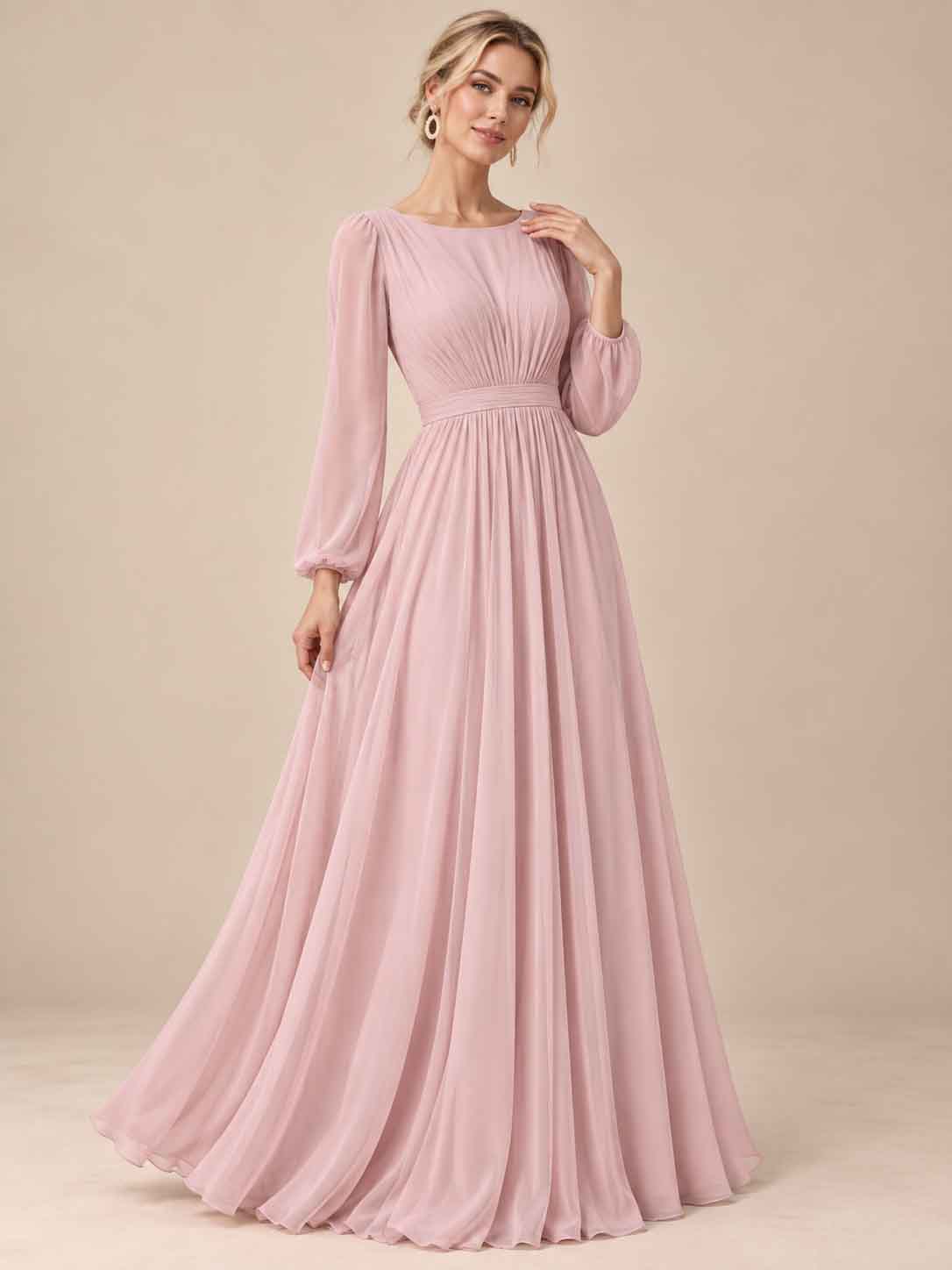 Women’s Sage Green Elegant Chiffon Round Neck Long Sleeve A-Line Maxi Dress with Ruched Waist Detail