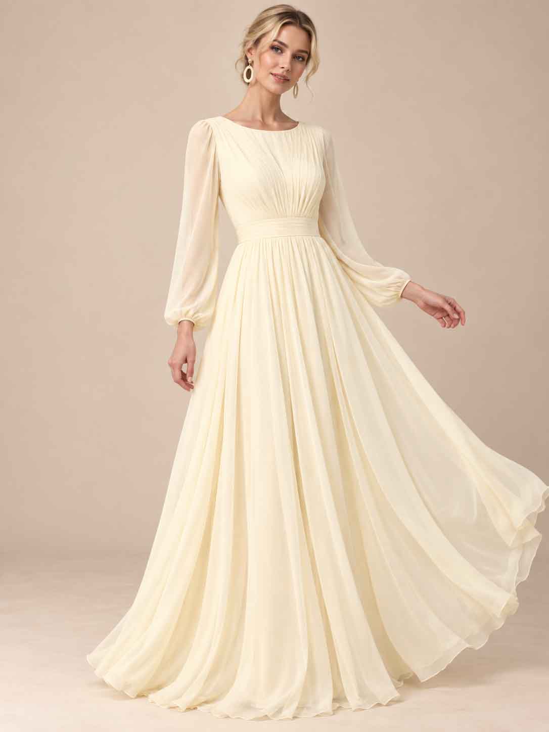 Women’s Sage Green Elegant Chiffon Round Neck Long Sleeve A-Line Maxi Dress with Ruched Waist Detail