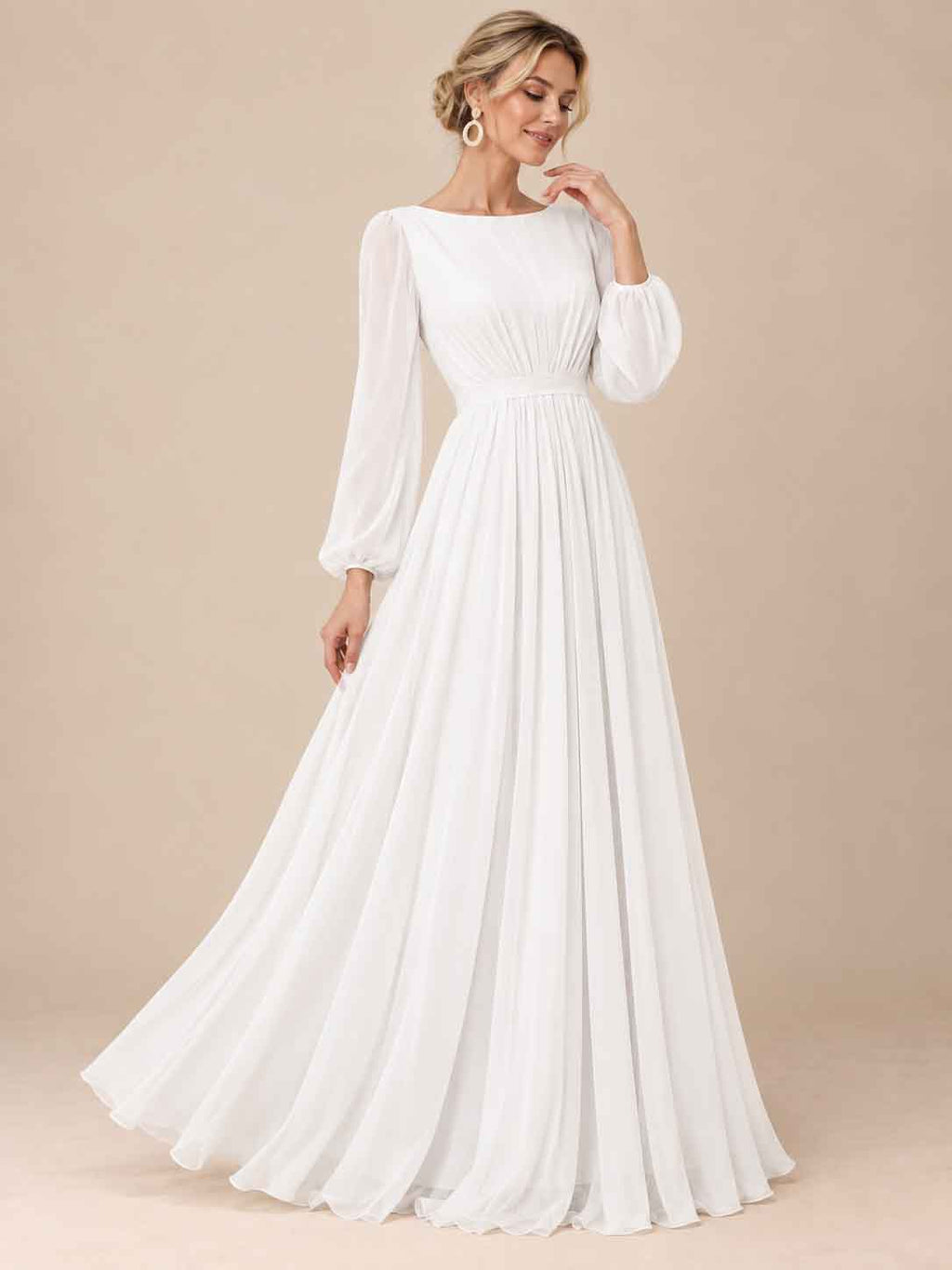 Women’s Sage Green Elegant Chiffon Round Neck Long Sleeve A-Line Maxi Dress with Ruched Waist Detail